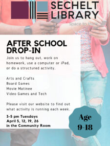 opens After School Drop-in poster - 3-5 pm, Tuesdays in April in the Community Room