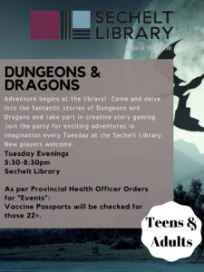 opens Dungeons & Dragons poster - Tuesday evenings, 5:30-8:30 in the library