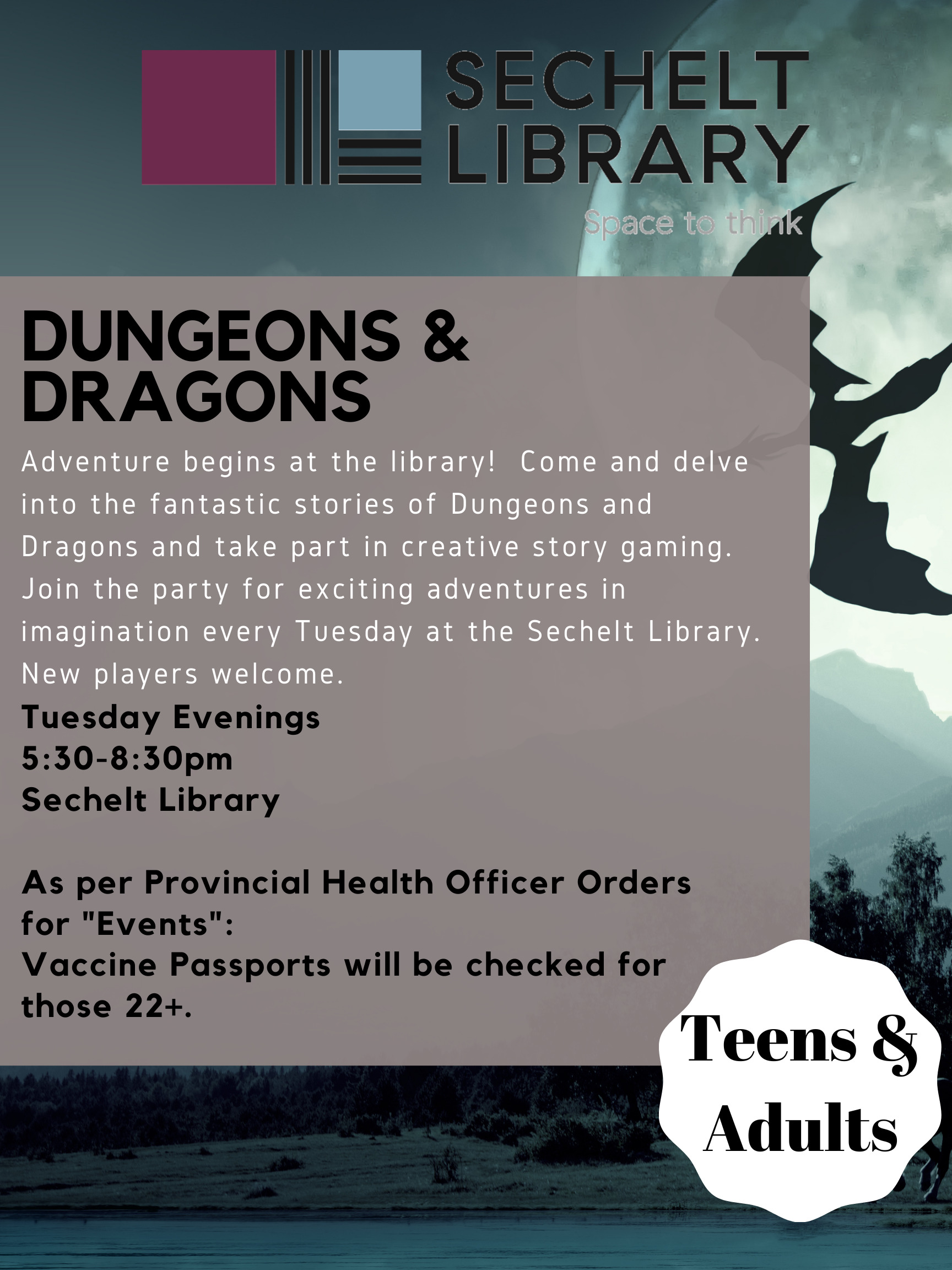 opens Dungeons & Dragons poster - Tuesday evenings, 5:30-8:30 in the library