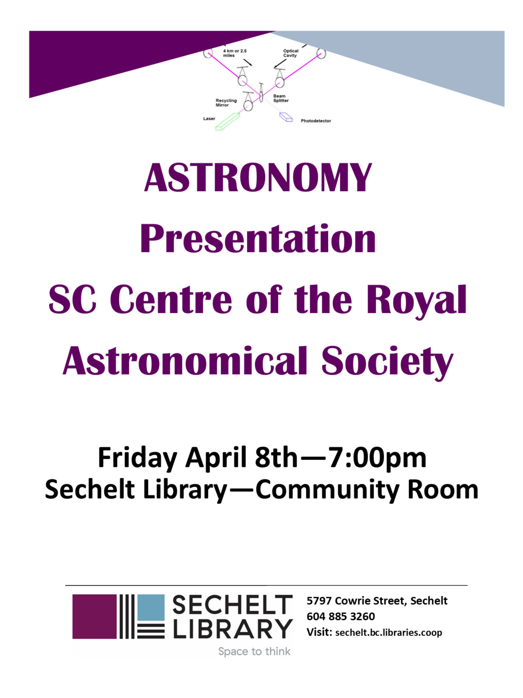 opens poster with information about the Sunshine Coast Astronomy Club's presentation on Friday March, from 11th 7-10pm, via Zoom and in-person in the Community Room.
