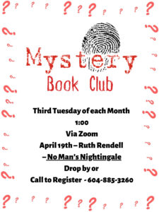 opens Mystery Book Club poster with details about the next meeting, Tuesday April 19 at 1pm on Zoom