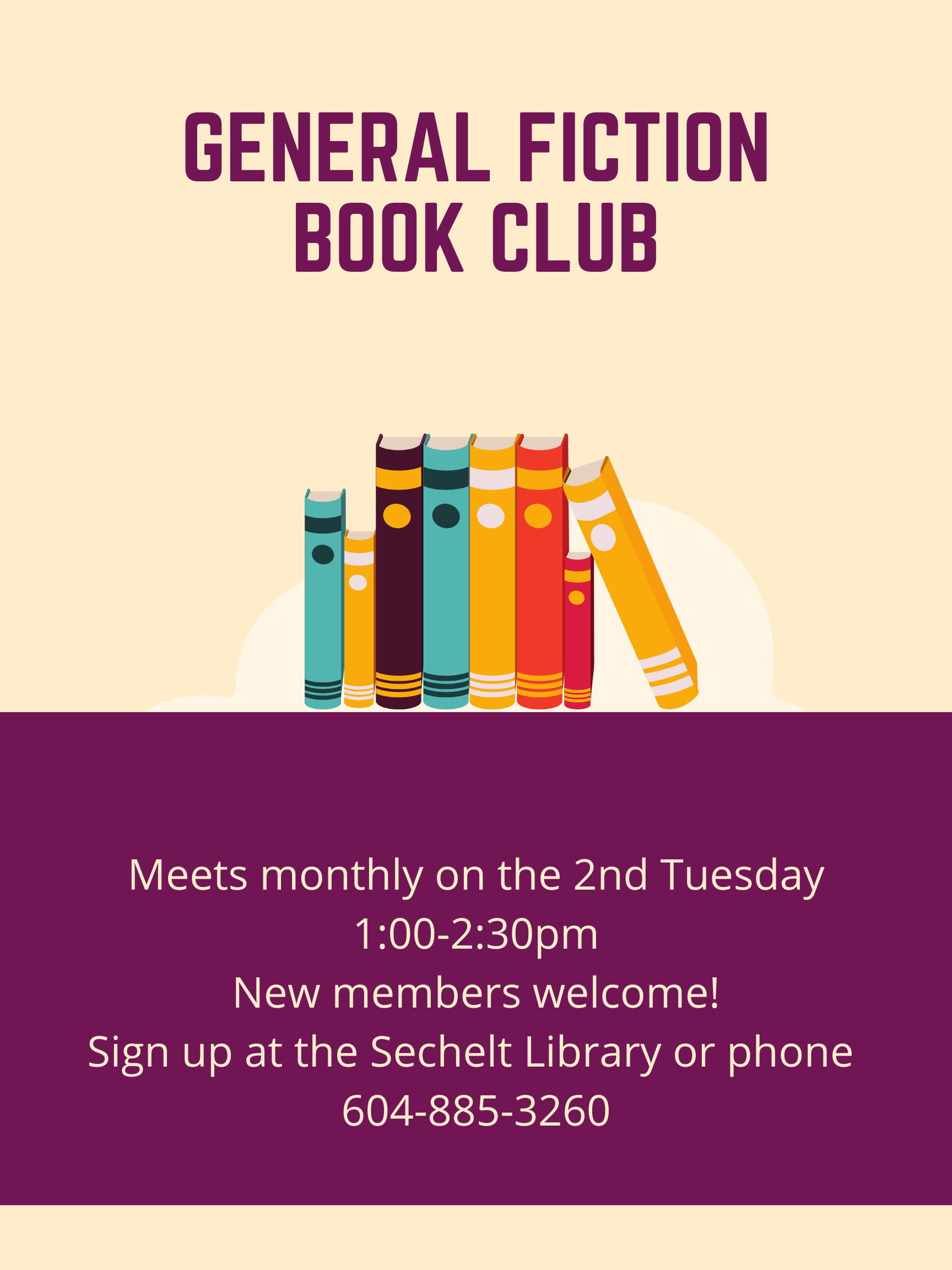 opens poster for General Fiction Book Club, which meets monthly on Zoom, 2nd Tuesday from 1:00-2:30pm