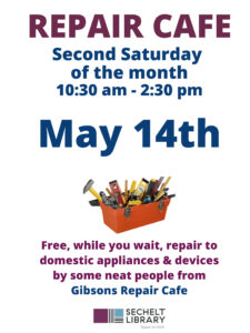 poster for Repair Cafe on May 14 2022, from 10:30am to 2:30pm