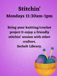 opens poster for Stitchin' drop-in group for those who love needlework - Mondays - April 4th ; April 11th ; April 25th Time: 11:30am-1:00pm (cancelled Monday April 18th)