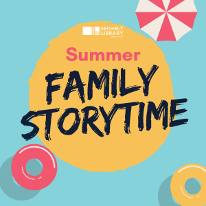 Beach ball, umbrella, life preservers alongside the words Summer Family Storytime