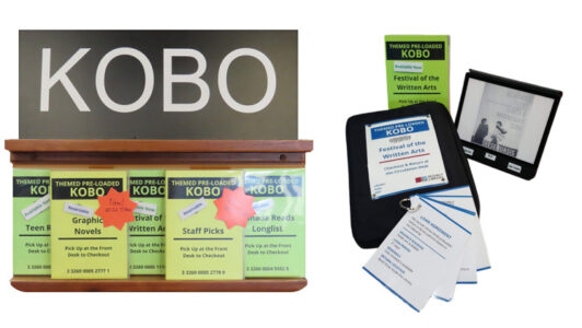 Photo of Kobo library display featuring cases with titles and tags identifying new content and availability. Second photo highlights contents of circulating eReader kit, including zippered pouch, information sheets and sample eReader screen with image.