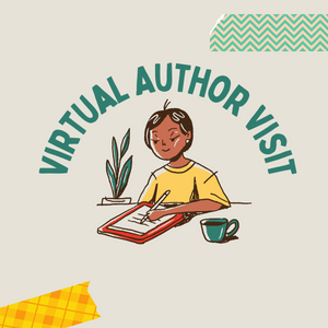 person writing with pen and paper under the words Virtual Author Visit