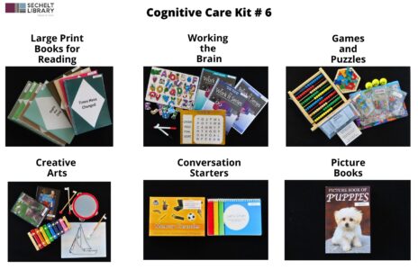 Cognitive Care Kit #6Poster with six images detailing the contents included in Cognitive Care Kit #6 Large print books for reading: A group of eight books with large print font Working the brain: Three spiral bound books with the words Work it series written on them, one word search kit, three yellow Smiley Face foam balls, and one wooden peg puzzle Games and Puzzles: One abacus, two puzzles, and one Rhyming Expressions kit Creative Arts: Two dvds, (one with a bear on the cover and one with Lawrence Welk on the cover), one tambourine, one water colour kit, and one xylophone with two wooden strikers Conversation Starters: One spiral bound booklet, titled Let's chat, and a set of conversation cards titled Memory cascades Books: One picture book titled The picture book of puppies