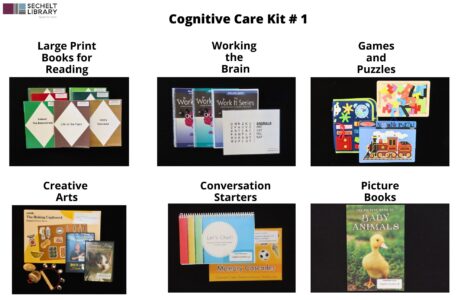Poster with six images detailing the contents included in Cognitive Care Kit #1:Large print books for reading: A group of seven books with large print font Working the brain: Three spiral bound books with the words Work it series written on them, one Word Search kit Games and Puzzles: One sensory quilt and two wooden puzzles Creative Arts: Two dvds, a magnetic board labelled The Baking Cupboard, hand bells, one pair of castanets and a wooden egg shaker Conversation Starters: One spiral bound booklet, titled Let's chat, and a set of conversation cards titled Memory cascades Books: One picture book titled The picture book of Baby Animals