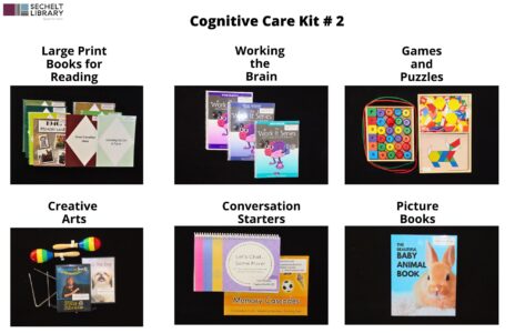 Poster with six images detailing the contents included in Cognitive Care Kit #2Large print books for reading: A group of eight books with large print font Working the brain: Three spiral bound books with the words Work it series written on them Games and Puzzles: A wooden puzzle with colorful shapes, and a set of wooden lacing beads Creative Arts: Two dvds (one with a person and one with a dog on the cover), a set of colourful wooden maracas, and a metal triangle and striker Conversation Starters: One spiral bound booklet, titled Let's chat, and a set of conversation cards titled Memory cascades Books: One picture book titled The beautiful baby animal book