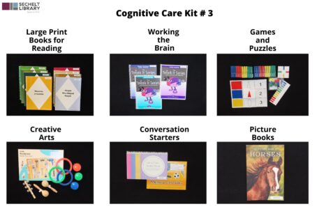 Poster with six images detailing the contents included in Cognitive Care Kit #3Large print books for reading: A group of eight books with large print font Working the brain: Three spiral bound books with the words Work it series written on them Games and Puzzles: One Trio matching and sorting game Creative Arts: A magnetic board labelled Handyman, a set of wooden maracas, a wooden stick with jingle bells, and a ring toss game Conversation Starters: One spiral bound booklet, titled Let's chat, and a set of conversation cards titled Memory cascades Books: One picture book titled The picture book of horses