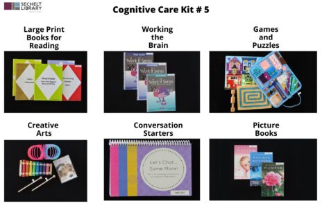 Poster with six images detailing the contents included in Cognitive Care Kit #5Large print books for reading: A group of five books with large print font Working the brain: Three spiral bound books with the words Work it series written on them, one word search kit Games and Puzzles: One board with latches, one sensory fidget blanket, one wooden spiral puzzle, and one turn fidget widget Creative Arts: One dvd with a puppy on the cover, one plastic slinky, and one xylophone with two wooden strikers Conversation Starters: One spiral bound booklet, titled Let's chat...some more! Books: Three picture books, titled The picture book of babies, The picture book of natural wonders, and The picture book of flowers