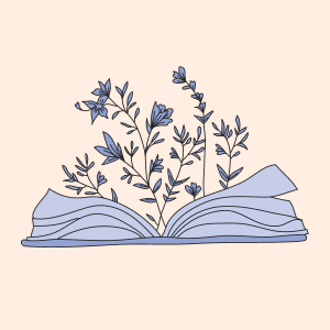 Open book with flowers emerging from pages