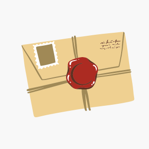 envelope with stampl, string, and wax seal