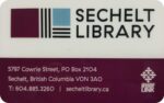 purple and while library card with the words Sechelt Library beside a logo