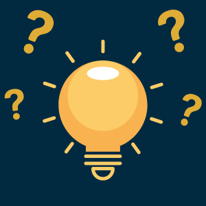 yellow light bulb on blue background with yellow question marks surrounding it