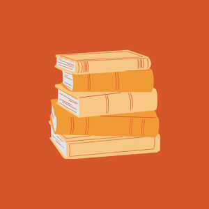 stack of books on orange background