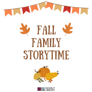 orange, red, and taupe flags above leaves and the words Fall Family Storytime