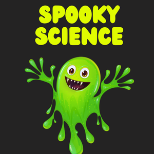 green ghost with wide eyes an pointy teeth underneath the words Spooky Science