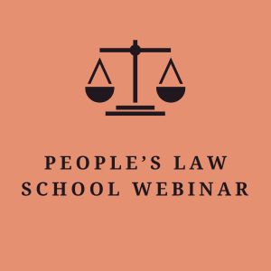 black scales above the words People's Law School Webinar, all on an orange background