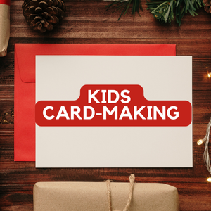 White and red cards in the background, kids card-making in white text