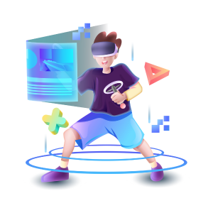 Child dressed in purple shirt and blue shorts wearing a purple Virtual Reality headset