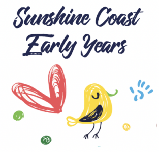 colourful drawing of a yellow bird a red heart and a blue handprint under the words Sunshine Coast Early Years