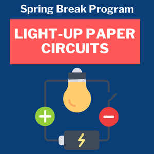 lightbulb with green plus symbol, red minus symbol, and electric circuit under the words Light-up paper circuits